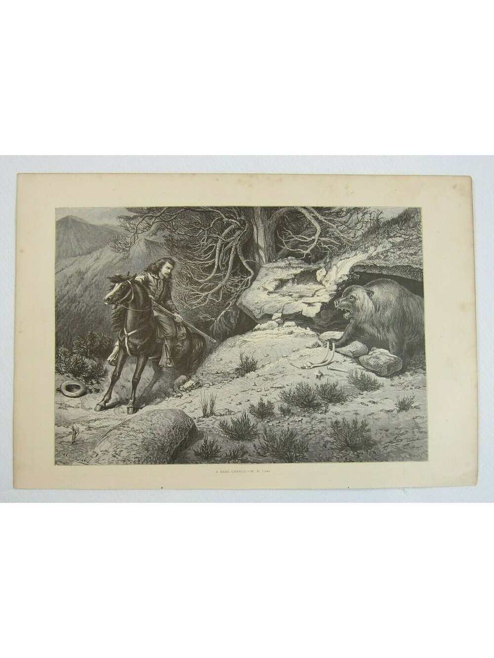 Antique 1874 Engraving Print A Bare Chance by W.M. Cary Aldine Western & Indian